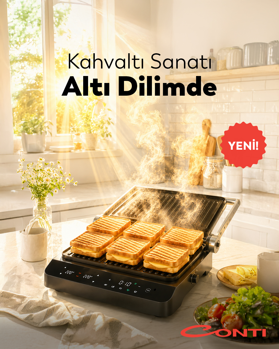 🥪 Kalabalık kahvaltıların yeni yıldızı geliyor.
6 dilim tost kapasitesi, dokunmatik LED ekranı, çift taraflı ısı ayarı ve 5 programlı otomatik menüsüyle Sapora; her tostta ideal pişirme deneyimi sunar.
Büyük sofraların yeni kahramanıyla çok yakında tanışacaksınız.
#ContiSapora #TostMakinesi #AkıllıMutfak #Yakında