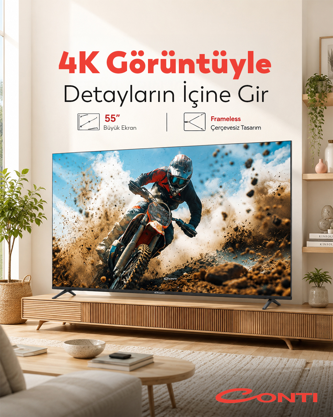 Detayları izlemekle kalma, içine gir! 📺✨
Conti CT55GT300U, 55 inç büyük ekranı, 4K UHD görüntü kalitesi ve çerçevesiz tasarımıyla izlediğin her sahneyi çok daha etkileyici bir deneyime dönüştürüyor.
Filmlerden maçlara, oyunlardan favori içeriklerine kadar büyük ekran keyfini evine taşı. 🍿
#Conti #ContiHepSeninle #GoogleTV #FramelessTV