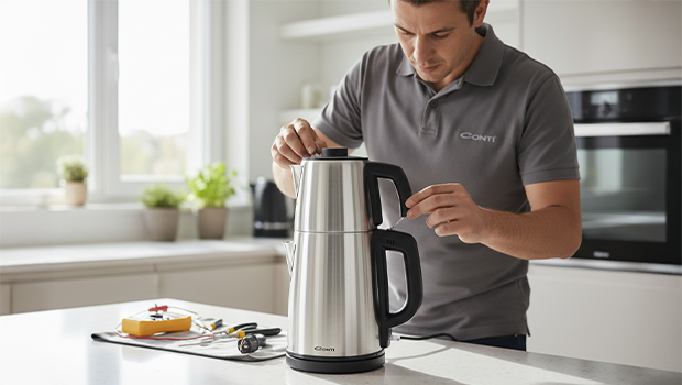Close up of professional worker fixing coffee machine in workshop. High quality photo