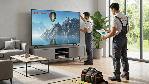 Two professional workmen in workwear installing a large TV monitor and audio system in the white living room. Home appliances installation concept